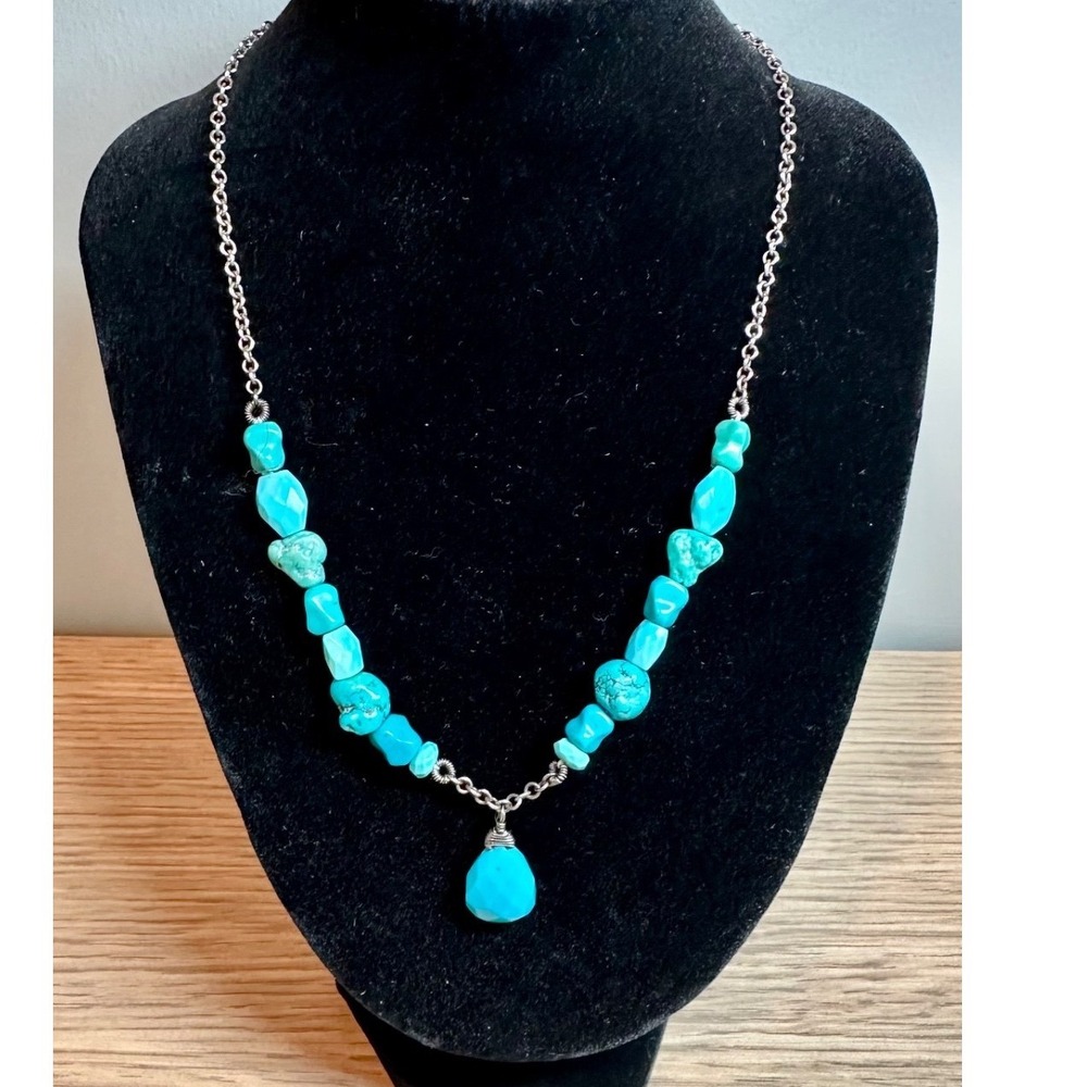 Turquoise Nugget Necklace Silver Tone Toggle Clasp Statement 16" Southwest style